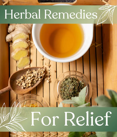 Banner showcasing loose leaf teas strewn, text stating 'Herbal Remedies for Relief' displayed. 