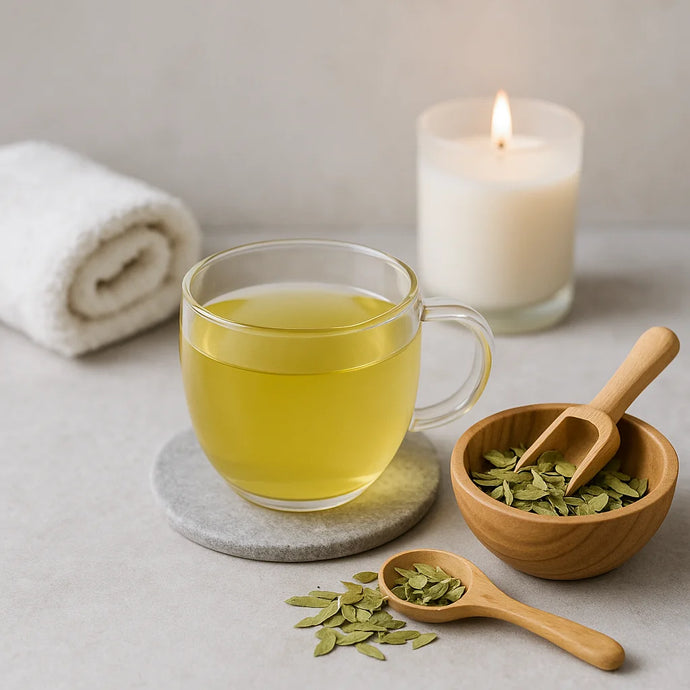 Glass of senna leaf tea with a bowl of tea leaves and a candle in the background