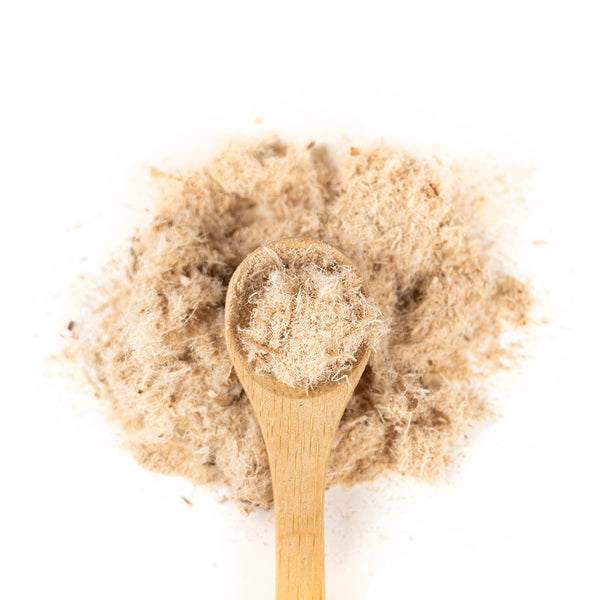 Wooden spoon of Organic Slippery Elm on a white background.