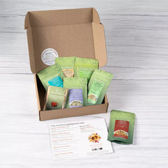 Photograph of Full Leaf Tea Company Wellness Subscription Box opened up, bag laid out on table, overview card sprawled