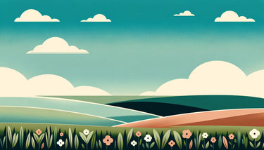 Illustrated landscape with green hills, flowers, and blue sky with white clouds representing sustainability and nature.