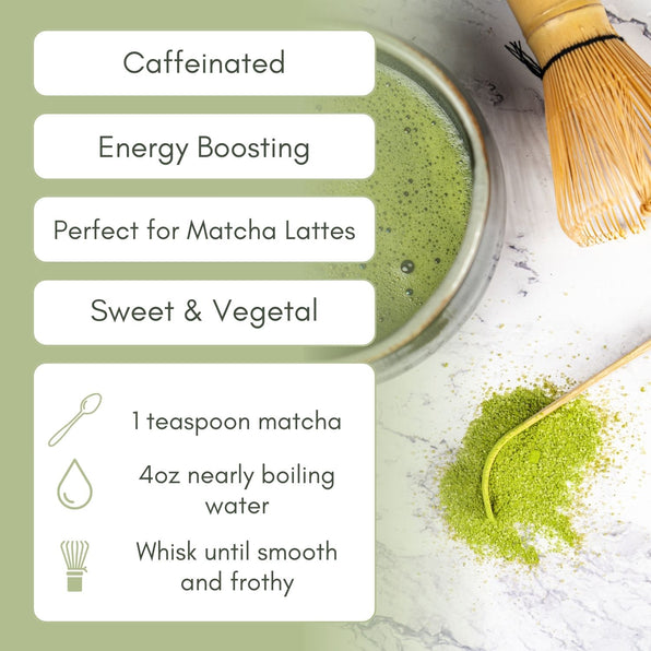 Organic Sweet Matcha Energy - Matcha - Full Leaf Tea Company - Instructions to Steep, Listed on Page