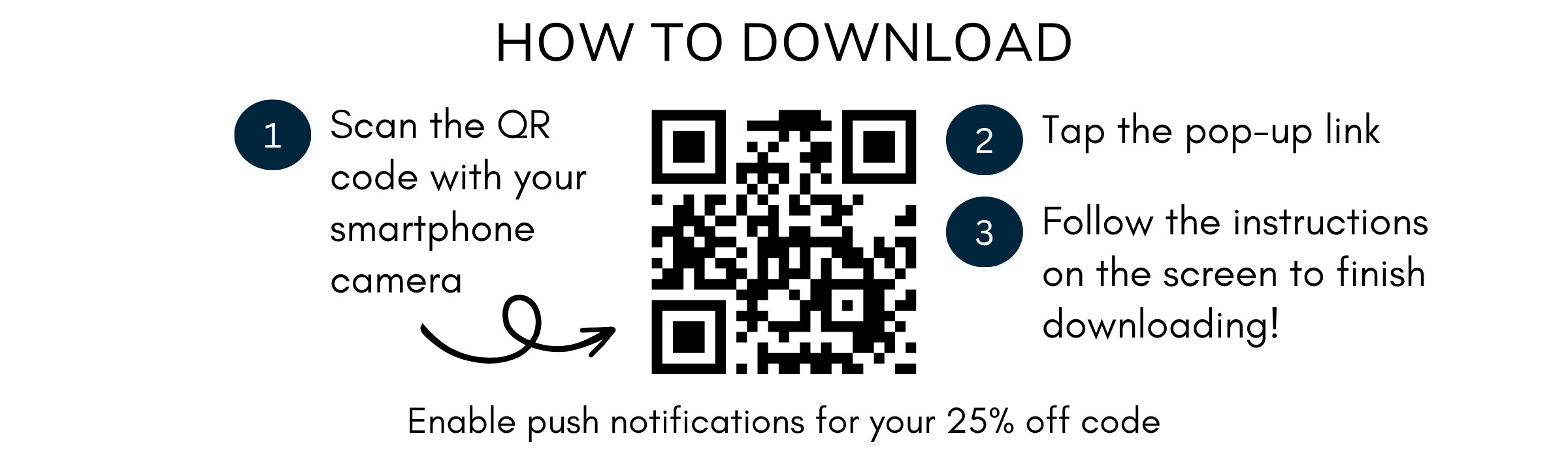 Instructions for downloading with a QR code and pop-up link on a white background