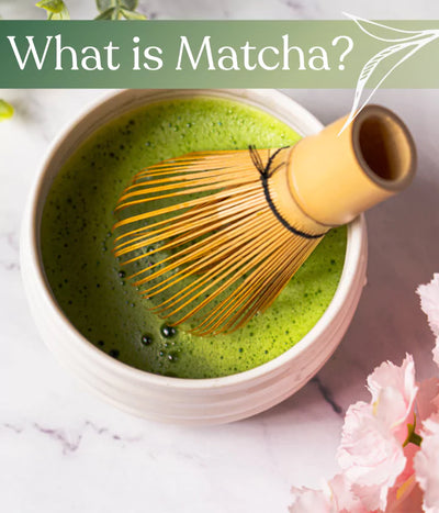 Freshly whisked matcha in a bowl with a bamboo whisk, labeled 'What is Matcha?