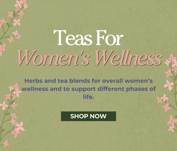 Promotional graphic for teas for women's wellness with floral elements on a green background.