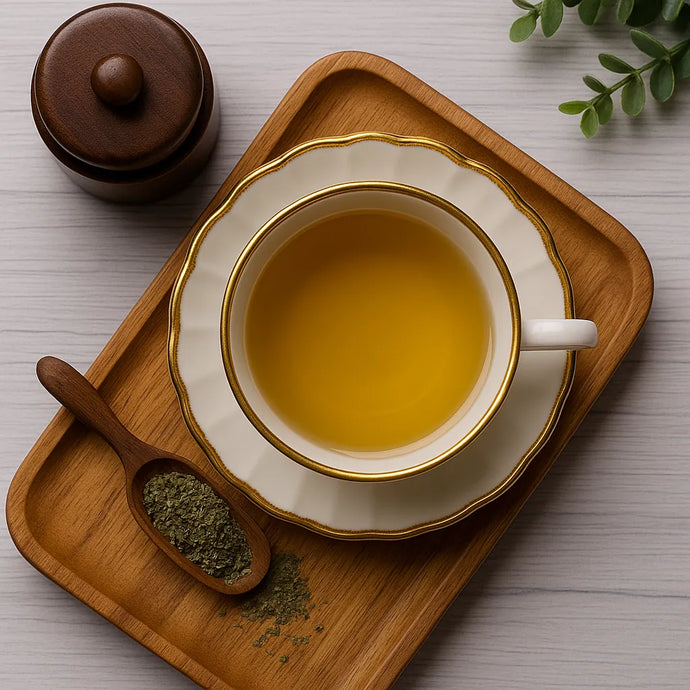 Tea cup with saucer on a wooden tray with a wooden spoon and wormwood leaves, on a light wooden surface.