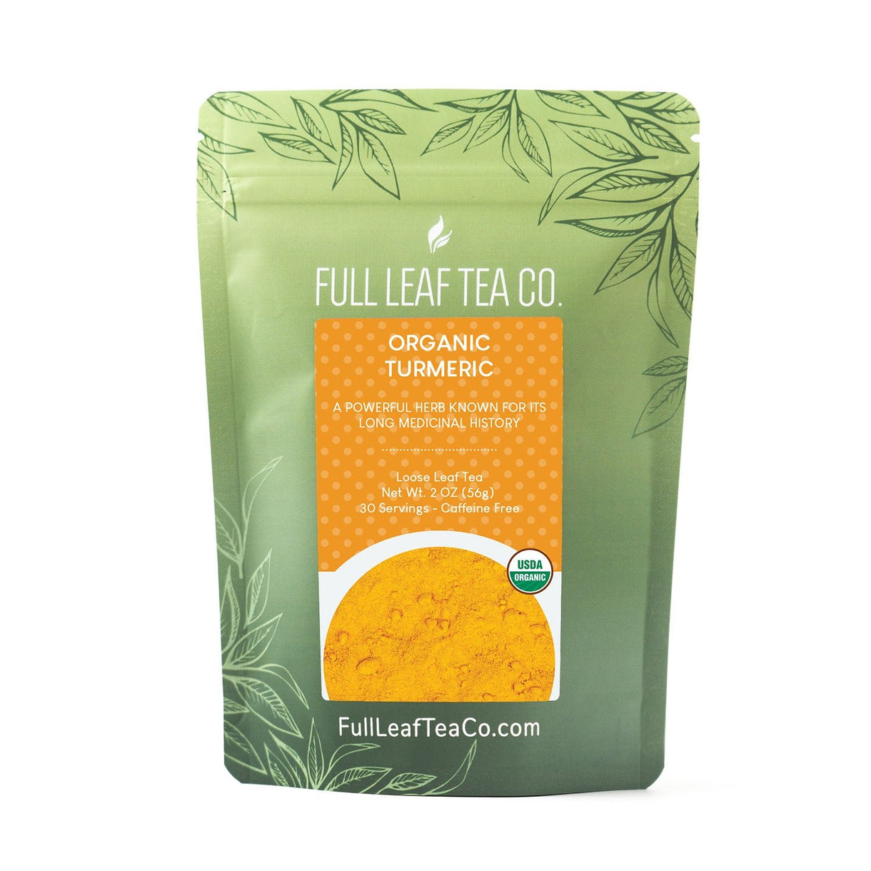 Package of Full Leaf Tea Co.’s Organic Turmeric, a powerful herb, caffeine-free loose leaf tea in a 2 oz bag